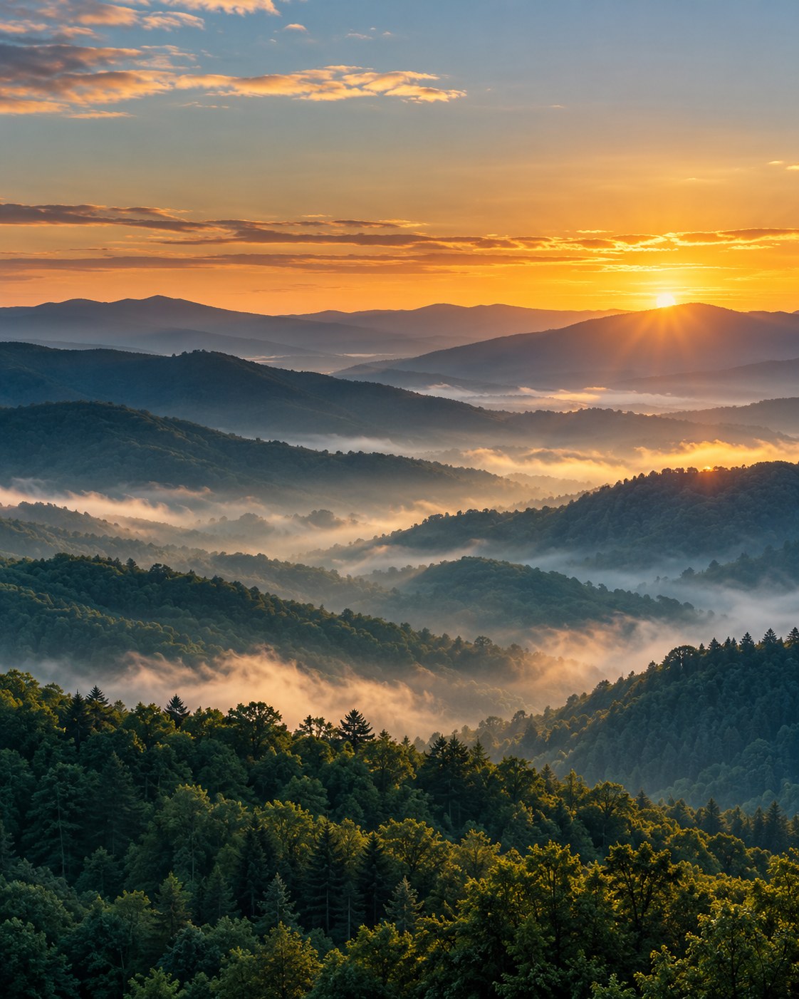 Golden morning light across misty, wooded mountain ridges